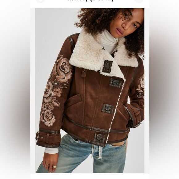 Free People Andies Vegan Moto Jacket We The Free Faux Fur Brown Floral - Picture 3 of 9